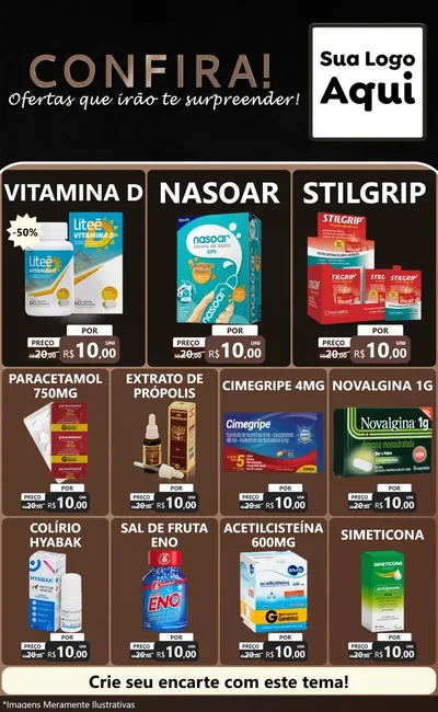 Modelo de Encarte para Encarte Grande com o tema Confira! Ofertas que irão te surpreender! para Farmácia