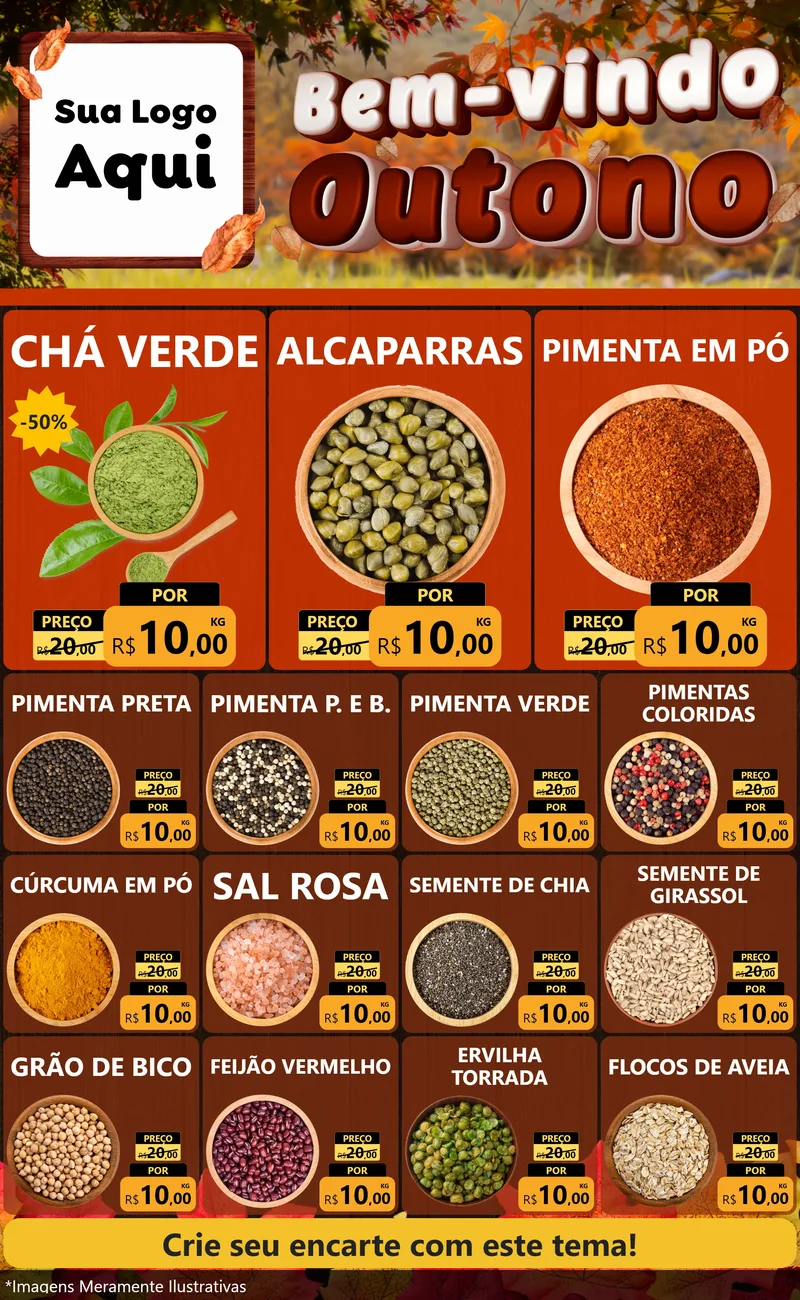 Modelo de Encarte para Encarte Grande com o tema Bem-vindo Outono para Produtos Naturais