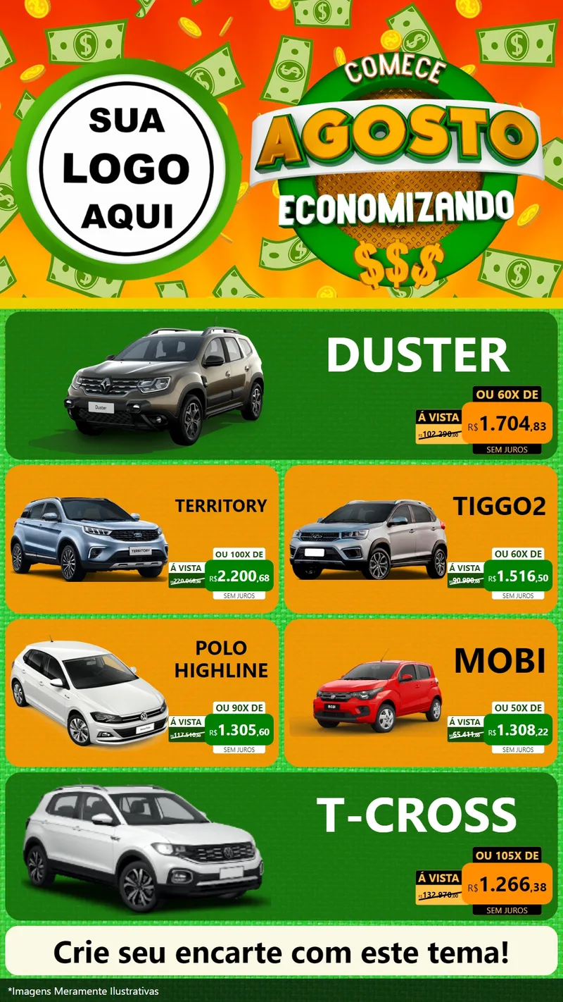 Modelo de TV para TV Vertical com o tema Comece Agosto Economizando para Concessionaria de Carros