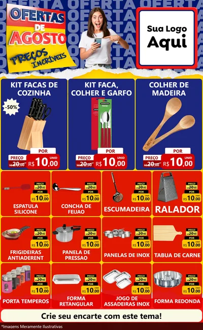Modelo de Encarte para Encarte Grande com o tema Ofertas de Agosto - Preços Incríveis para Utilidades Domésticas