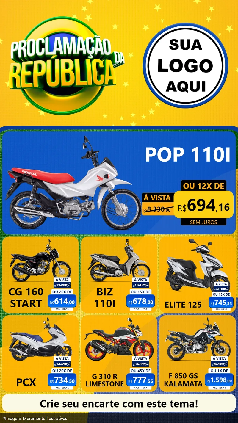 Modelo de Rede Social para Stories com o tema Proclamação da República para Concessionaria de Motos