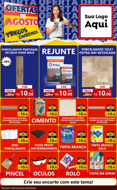 Modelo de Encarte para Encarte Grande com o tema Ofertas de Agosto - Preços Incríveis para Pisos e revestimentos
