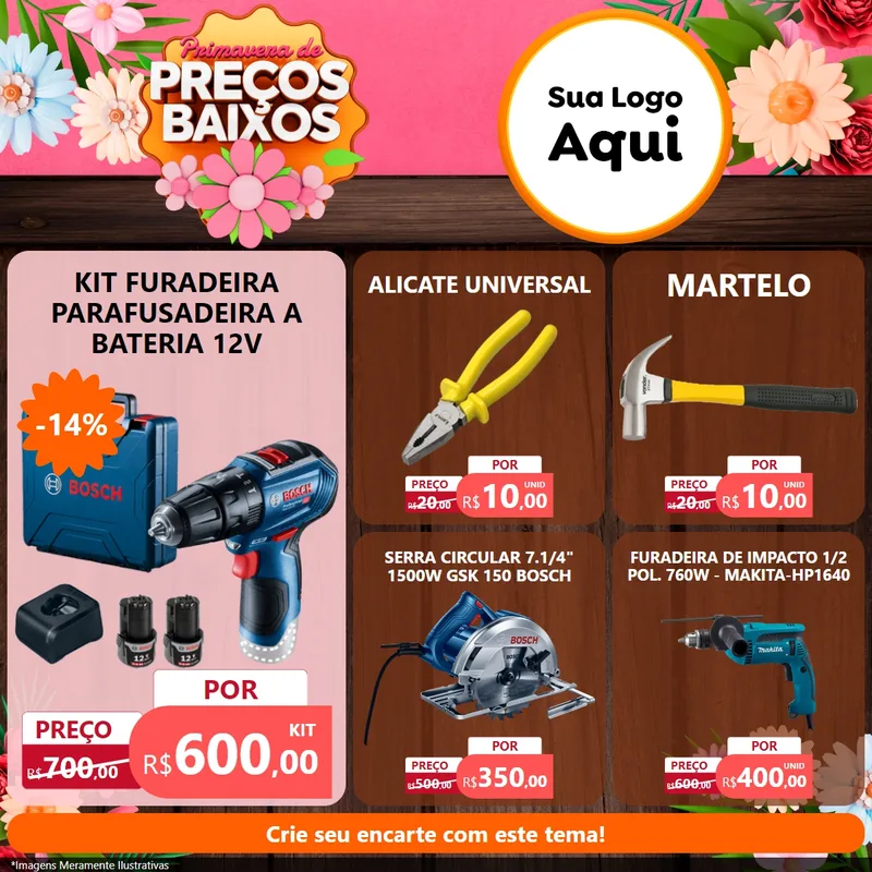 Modelo de Rede Social para Feed Facebook com o tema Primavera de Preços Baixos para Maquinas e Ferramentas