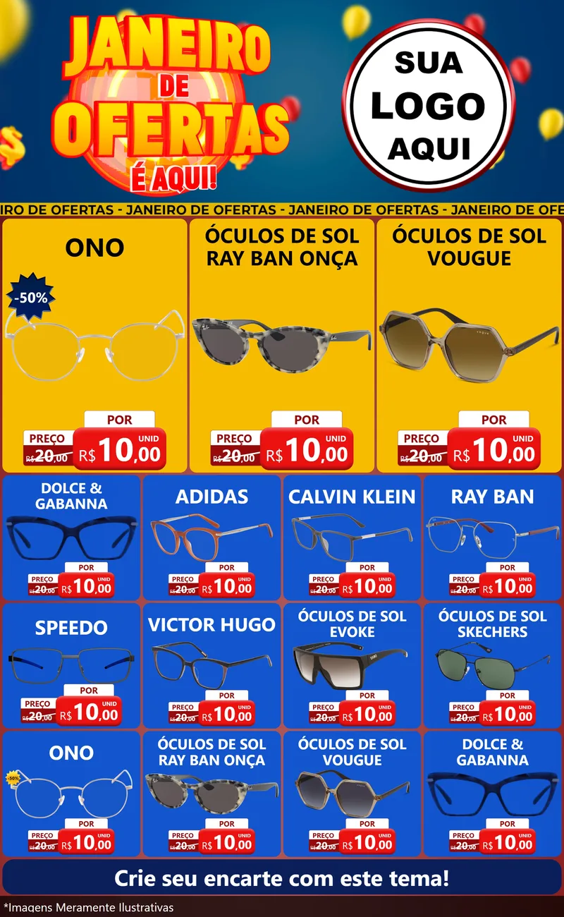 Modelo de Encarte para Encarte Grande com o tema Janeiro de Ofertas É Aqui! para Óticas