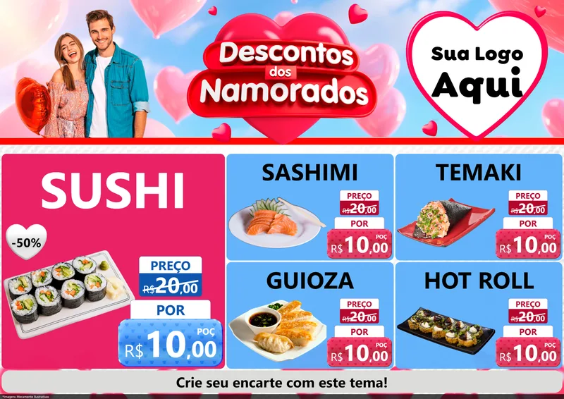 Modelo de Encarte para Encarte A4 Horizontal com o tema Descontos dos Namorados para Comida japonesa
