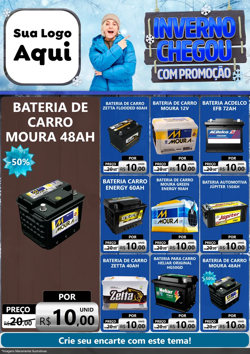 Modelo de Encarte para Encarte A4 Vertical com o tema Inverno Chegou Com Promoção para Baterias Elétricas