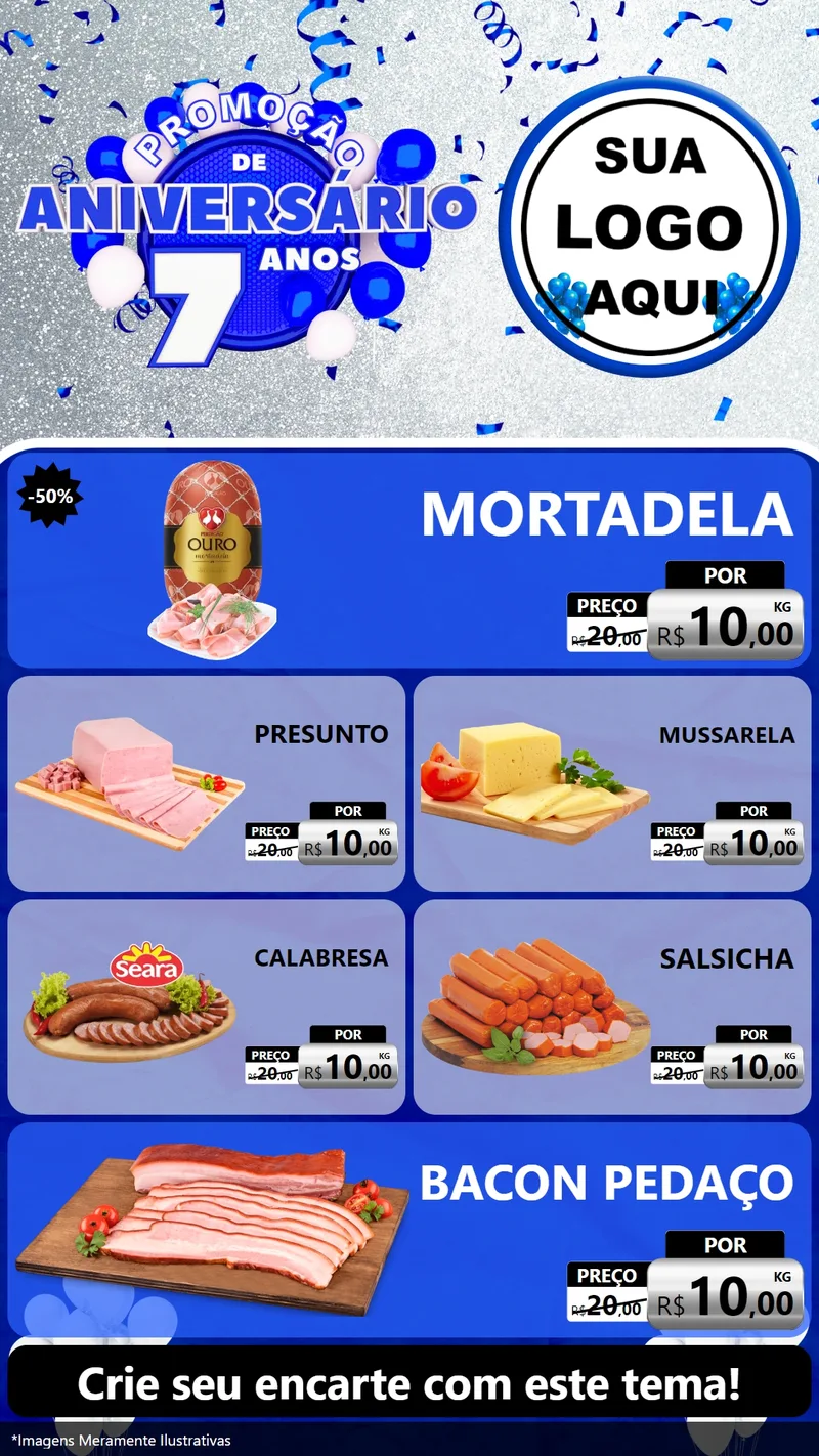 Modelo de TV para TV Vertical com o tema Promoção de Aniversário - 7 Anos para Frios e Laticínios