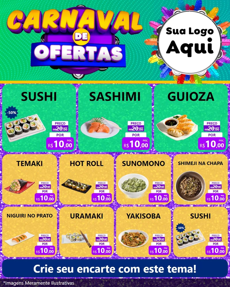 Modelo de Rede Social para Feed Instagram com o tema Carnaval de Ofertas para Comida japonesa