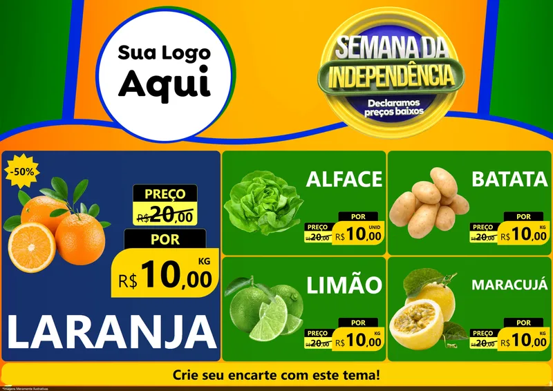 Modelo de Encarte para Encarte A4 Horizontal com o tema Semana da Independência Declaramos Preços Baixos para Hortifrúti