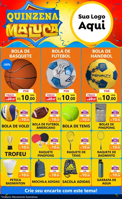 Modelo de Encarte para Encarte Grande com o tema Quinzena Maluca para Artigos Esportivos