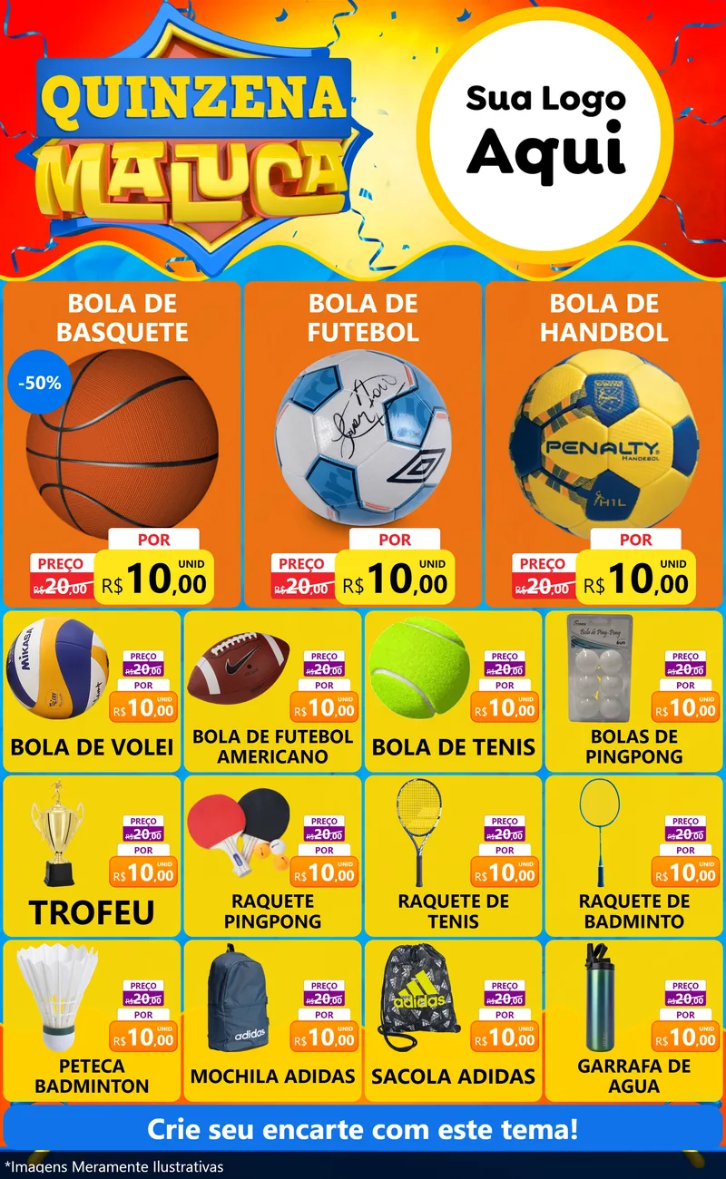 Modelo de Encarte para Encarte Grande com o tema Quinzena Maluca para Artigos Esportivos