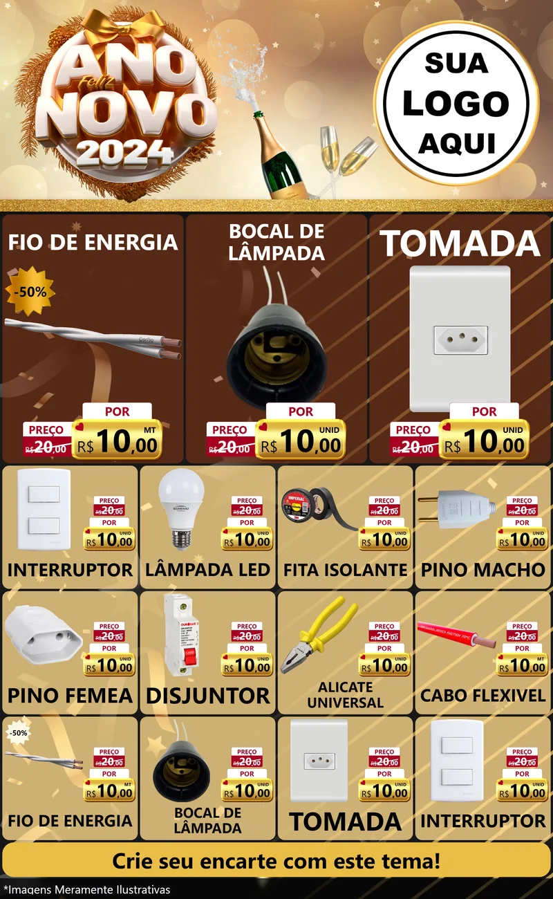 Modelo de Encarte para Encarte Grande com o tema Feliz Ano Novo 2027 para Materiais Elétricos