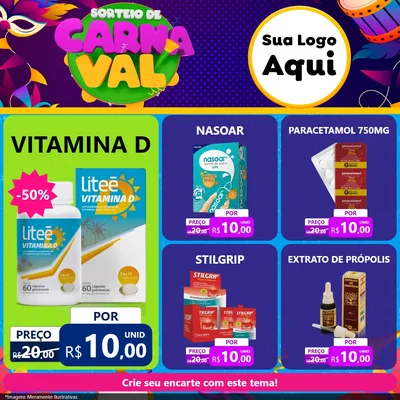 Modelo de Rede Social para Feed Facebook com o tema Sorteio de Carnaval para Farmácia