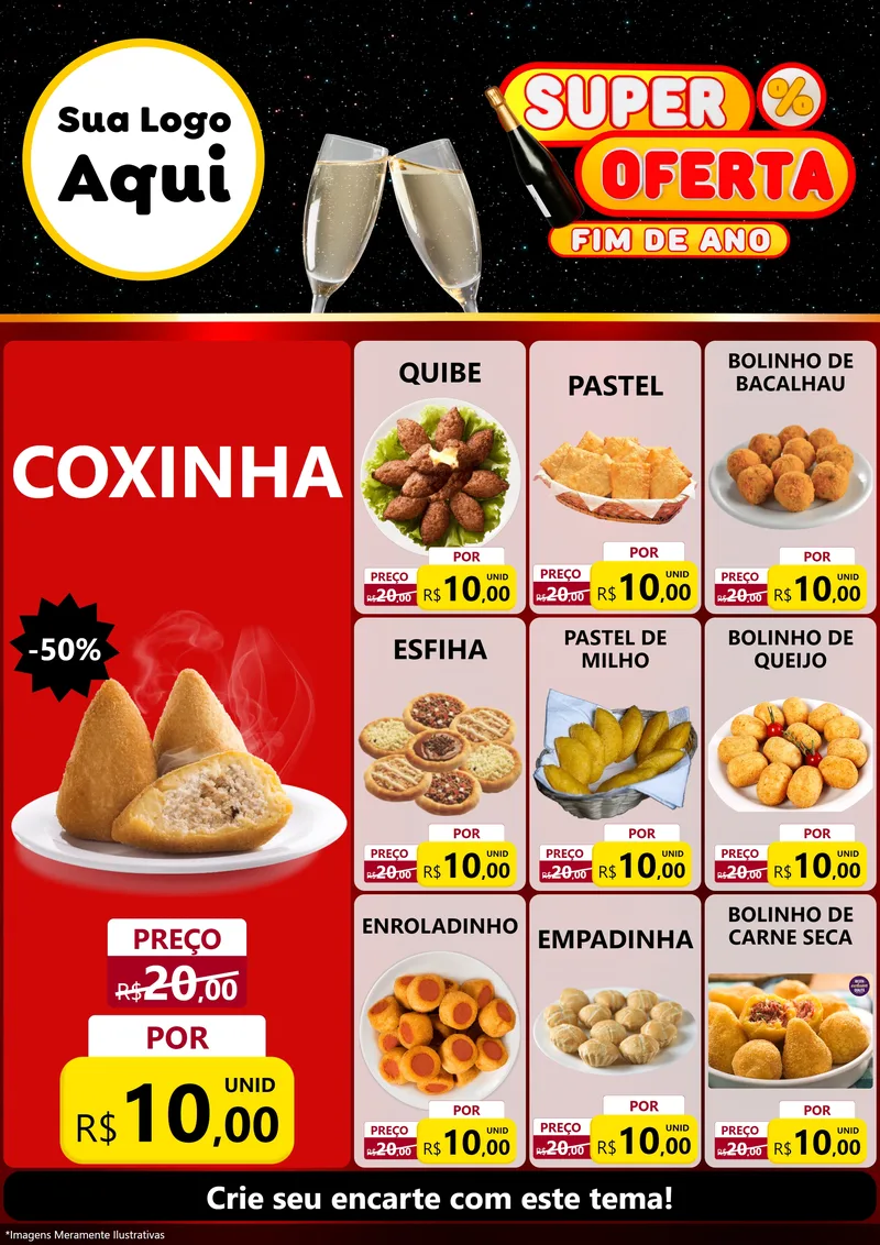 Modelo de Encarte para Encarte A4 Vertical com o tema Super Oferta Fim de Ano para Salgadaria