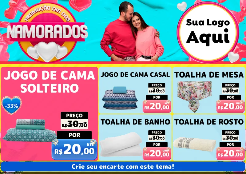 Modelo de Encarte para Encarte A4 Horizontal com o tema Promoção Dia dos Namorados para Cama, Mesa e Banho