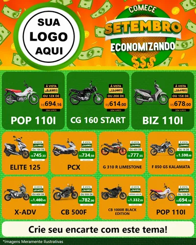 Modelo de Rede Social para Feed Instagram com o tema Comece Setembro Economizando para Concessionaria de Motos