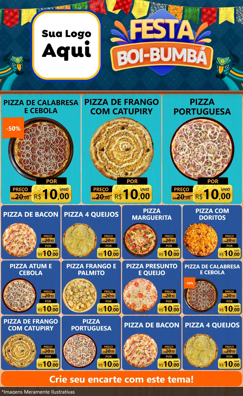 Modelo de Encarte para Encarte Grande com o tema Festa Boi Bumbá para Pizzaria