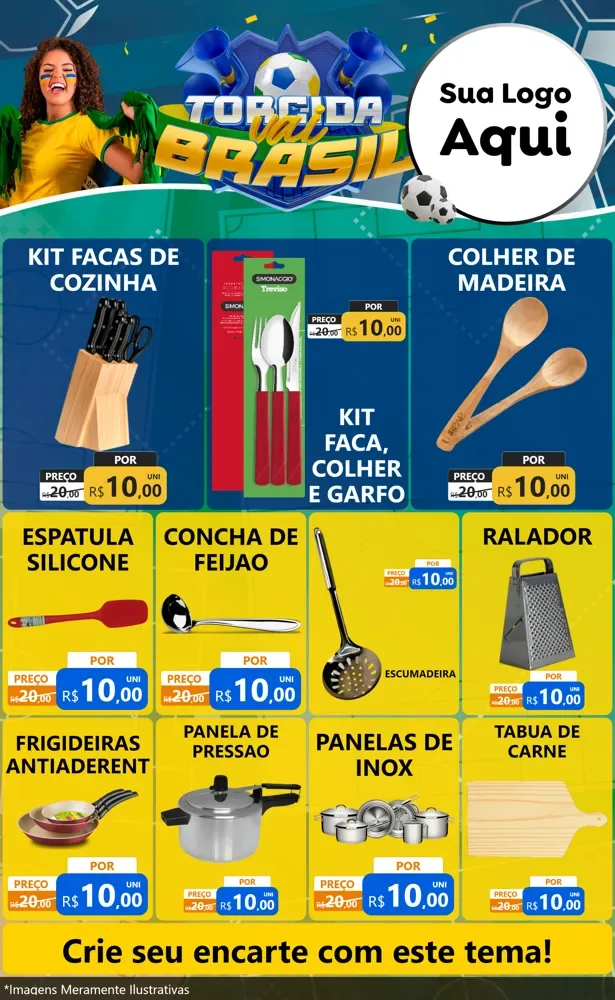 Modelo de Encarte para Encarte Grande com o tema Torcida Vai Brasil - Copa para Utilidades Domésticas