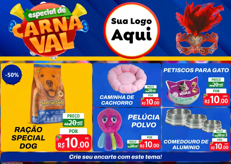 Modelo de Encarte para Encarte A4 Horizontal com o tema Especial de Carnaval para Pet Shop