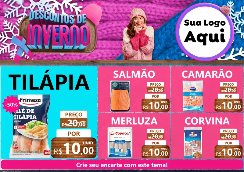 Modelo de Encarte para Encarte A4 Horizontal com o tema Descontos de Inverno para Peixaria