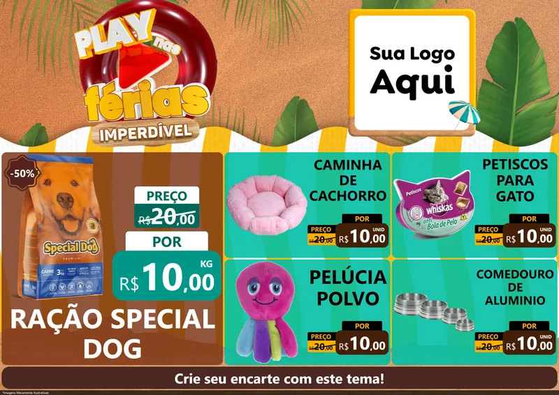 Modelo de Encarte para Encarte A4 Horizontal com o tema Play Nas Férias Imperdível para Pet Shop