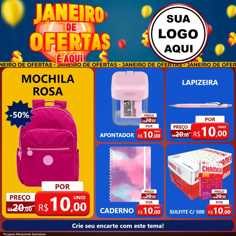 Modelo de Rede Social para Feed Facebook com o tema Janeiro de Ofertas É Aqui! para Papelaria
