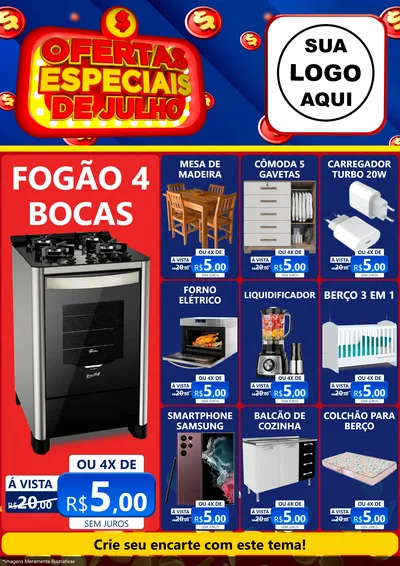 Modelo de Encarte para Encarte A4 Vertical com o tema Ofertas Especiais de Julho para Móveis e Eletro
