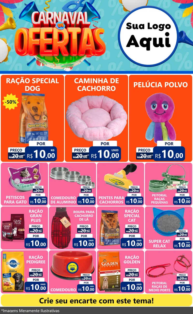 Modelo de Encarte para Encarte Grande com o tema Carnaval de Ofertas para Pet Shop