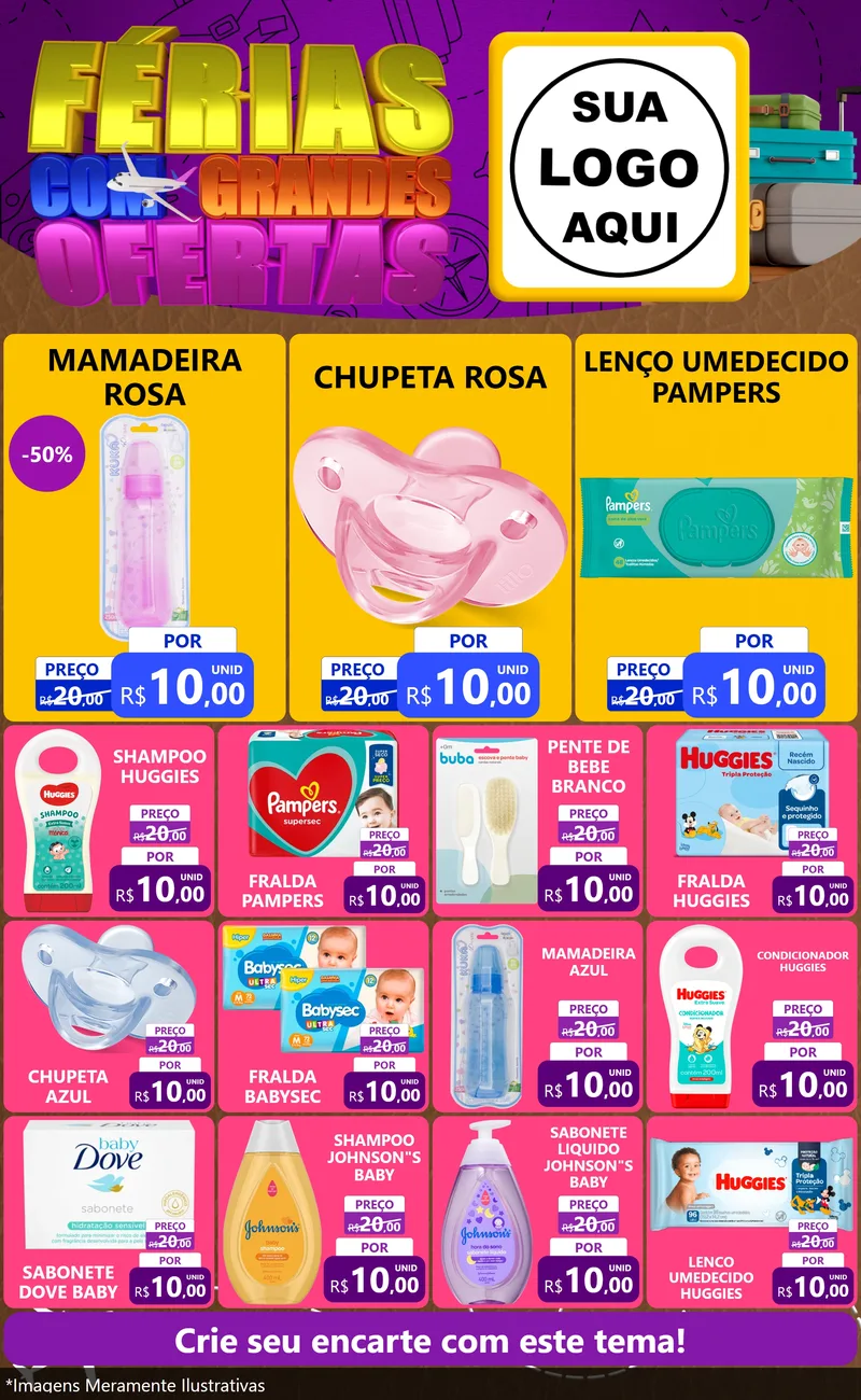 Modelo de Encarte para Encarte Grande com o tema Férias com Grandes Ofertas para Bebês