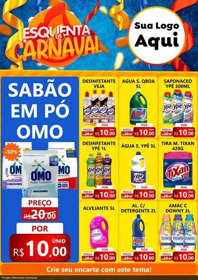 Modelo de Encarte para Encarte A4 Vertical com o tema Esquenta de Carnaval para Produtos de Limpeza