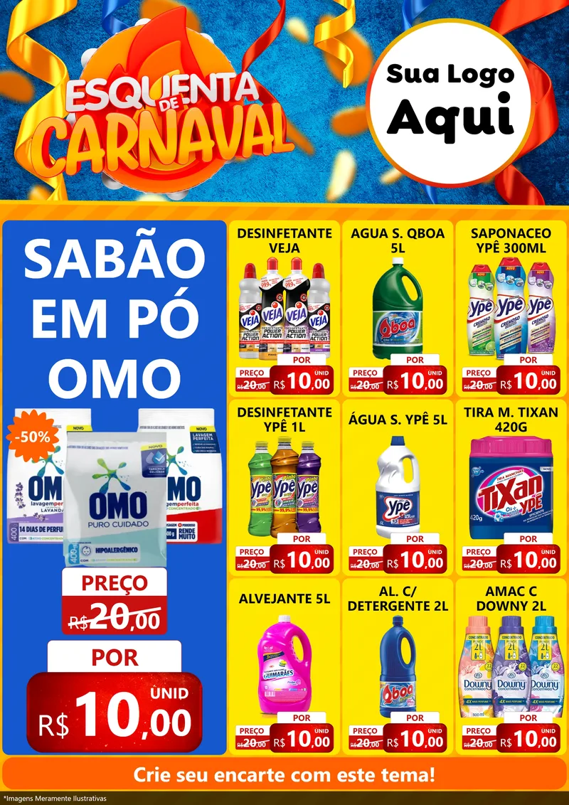 Modelo de Encarte para Encarte A4 Vertical com o tema Esquenta de Carnaval para Produtos de Limpeza
