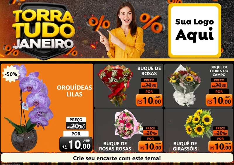 Modelo de Encarte para Encarte A4 Horizontal com o tema Torra Tudo Janeiro para Floricultura e jardim