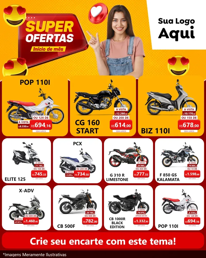 Modelo de Rede Social para Feed Instagram com o tema Super Ofertas Inicio De mês para Concessionaria de Motos