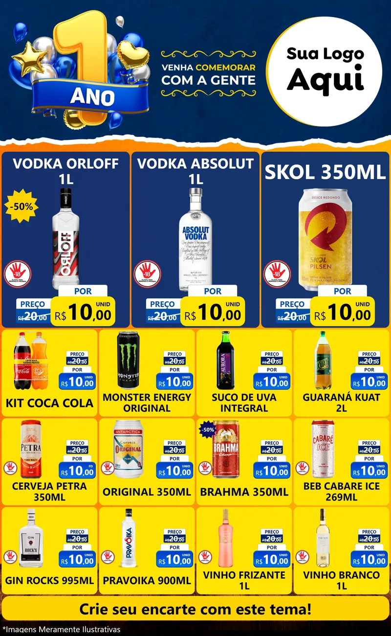 Modelo de Encarte para Encarte Grande com o tema Um Ano de Aniversário para Distribuidora de bebidas