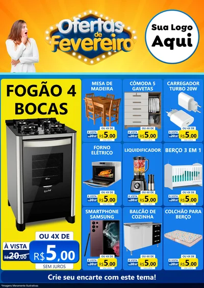 Modelo de Encarte para Encarte A4 Vertical com o tema Ofertas de Fevereiro para Móveis e Eletro