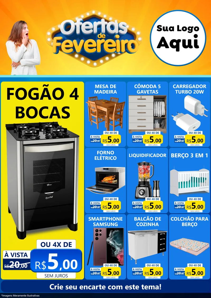 Modelo de Encarte para Encarte A4 Vertical com o tema Ofertas de Fevereiro para Móveis e Eletro