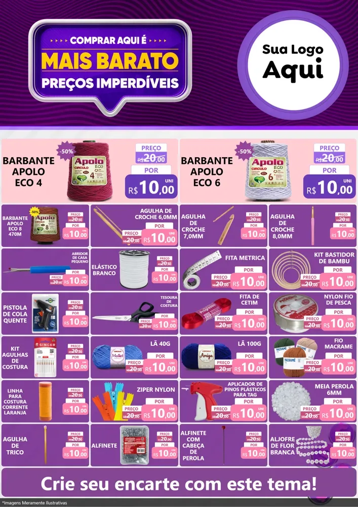 Modelo de Encarte para Encarte A4 Vertical com o tema Mais Barato para Armarinho e Aviamentos