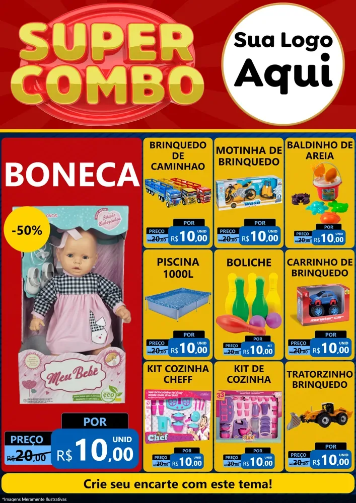 Modelo de Encarte para Encarte A4 Vertical com o tema Super Combo para Brinquedos