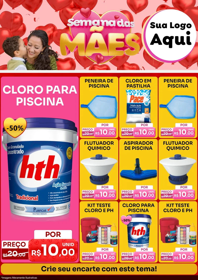 Modelo de Encarte para Encarte A4 Vertical com o tema Semana Das Mães para Produtos para Piscina