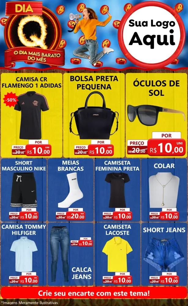 Modelo de Encarte para Encarte Grande com o tema Dia Q - O Dia Mais Barato Do Mês para Roupas e acessórios