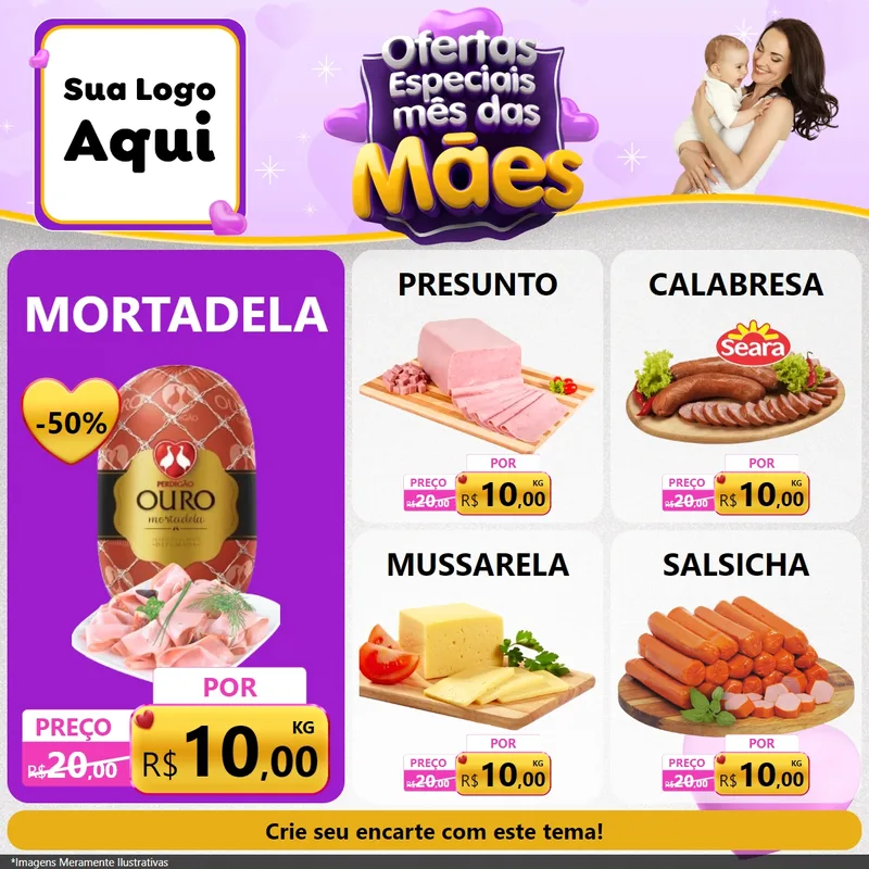 Modelo de Rede Social para Feed Facebook com o tema Ofertas Especiais - Mês das Mães para Frios e Laticínios