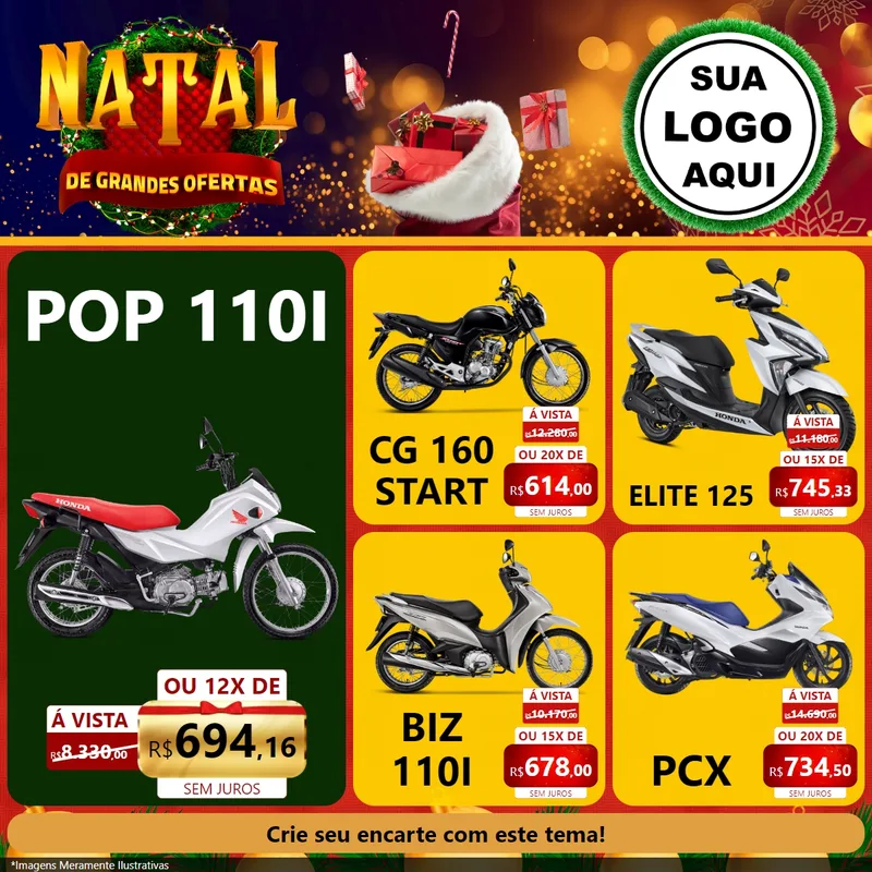 Modelo de Rede Social para Feed Facebook com o tema Natal de Grandes Ofertas para Concessionaria de Motos
