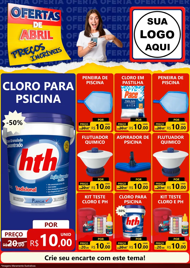 Modelo de Encarte para Encarte A4 Vertical com o tema Ofertas de Abril - Preços Incríveis para Produtos para Piscina