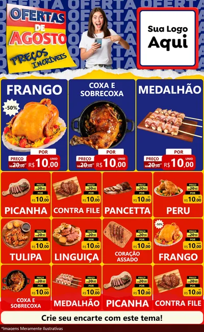Modelo de Encarte para Encarte Grande com o tema Ofertas de Agosto - Preços Incríveis para Assados