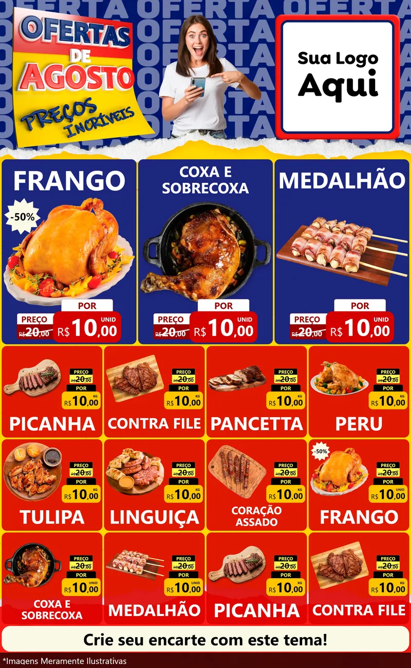 Modelo de Encarte para Encarte Grande com o tema Ofertas de Agosto - Preços Incríveis para Assados