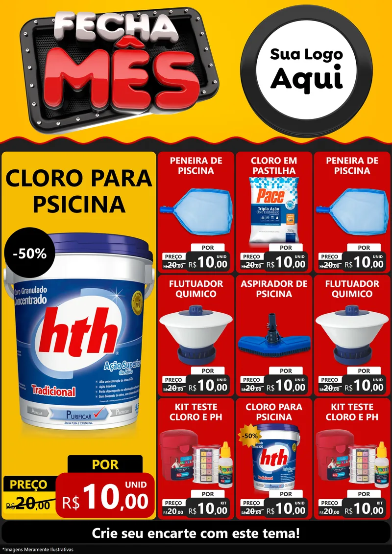 Modelo de Encarte para Encarte A4 Vertical com o tema Fecha Mês para Produtos para Piscina