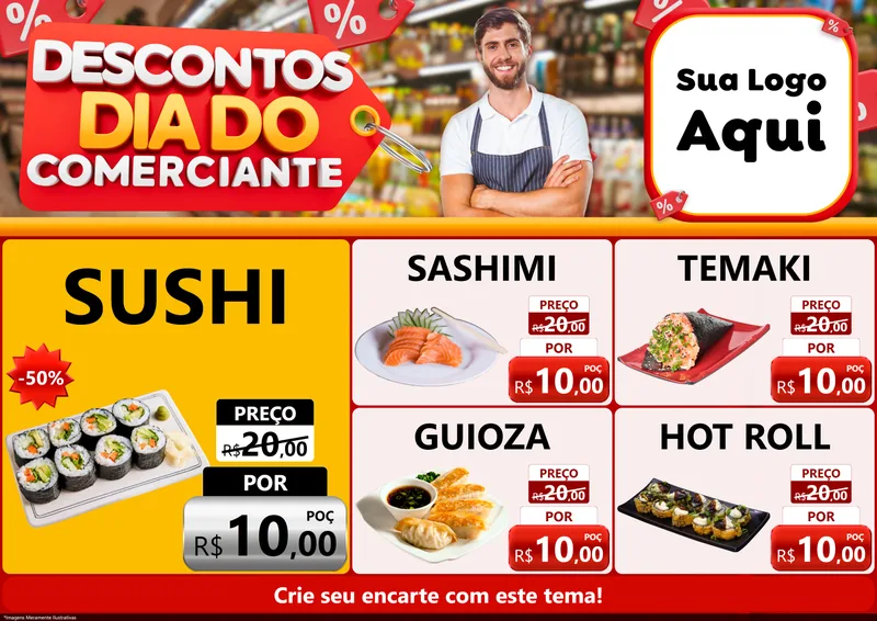 Modelo de Encarte para Encarte A4 Horizontal com o tema Descontos Dia do Comerciante para Comida japonesa