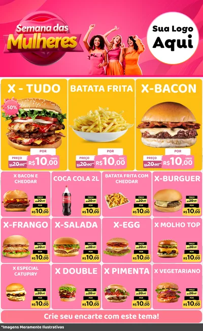 Modelo de Encarte para Encarte Grande com o tema Semana das Mulheres para Hamburgueria
