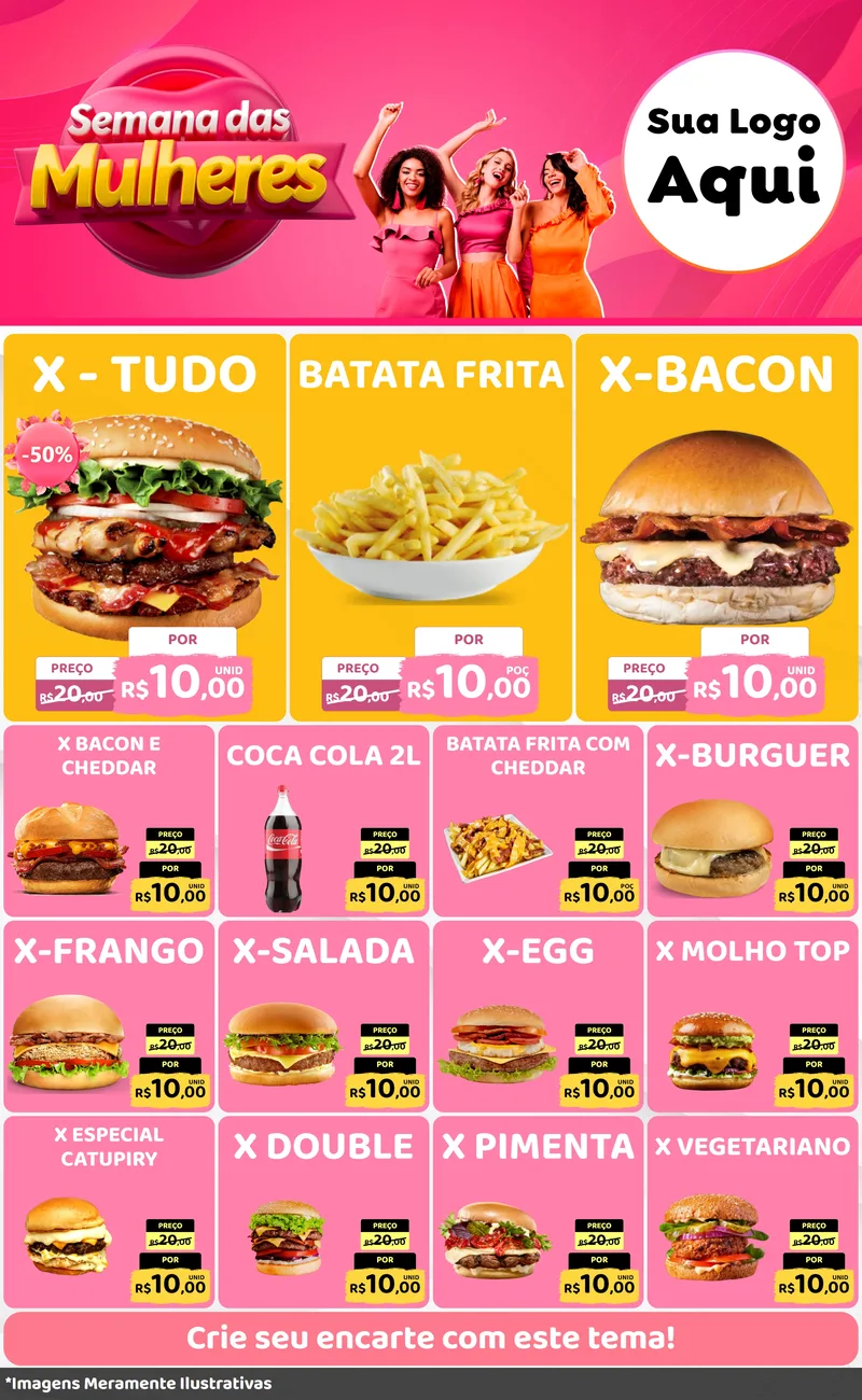 Modelo de Encarte para Encarte Grande com o tema Semana das Mulheres para Hamburgueria
