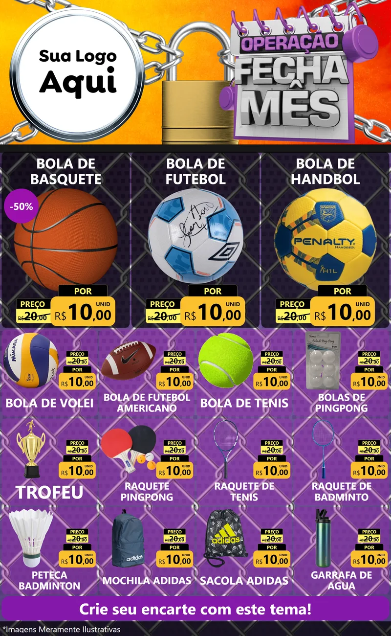 Modelo de Encarte para Encarte Grande com o tema Operação Fecha Mês para Artigos Esportivos